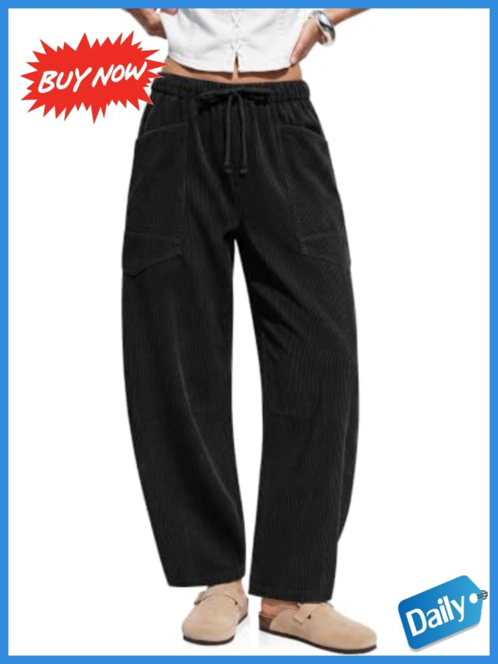Corduroy Barrel Pants High Waist Wide Leg Drawstring Utility Pockets